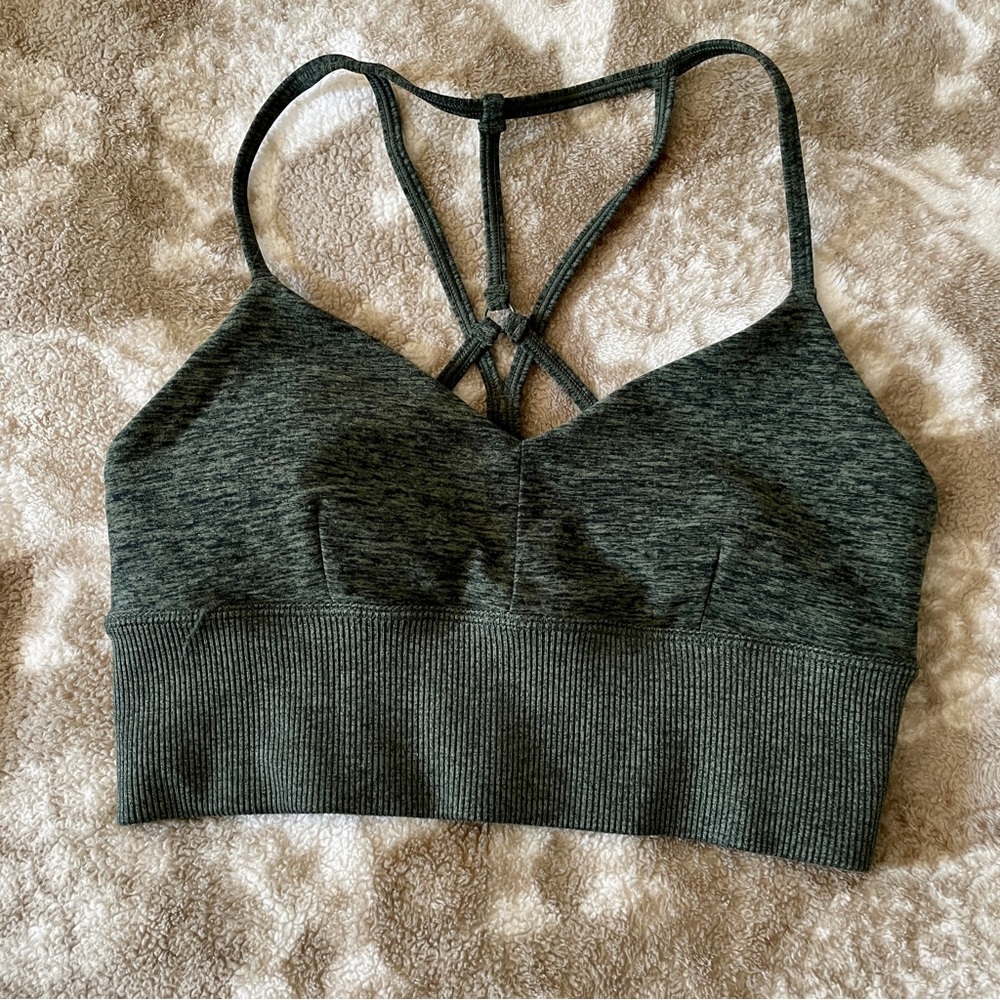 ALO Yoga Lavish Heather Hunter Green Strappy Sports Bra